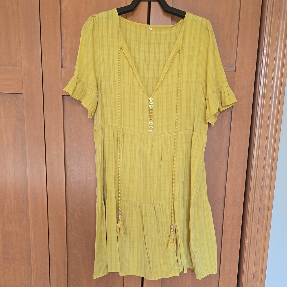 Yellow Tiered V-Neck Short Sleeve Cover Up Dress